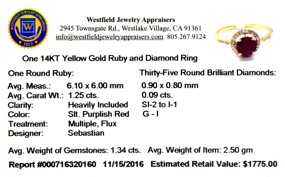Designer Sebastian 14 KT Gold, 1.25CT Round Cut Ruby and 0.09CT Round Brilliant Cut Diamond Ring