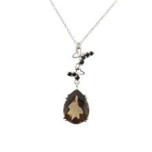 7.26CT Pear Cut Smoky Quartz And 7 Round Cut Spinel Sterling Silver Pendant With 18" Chain
