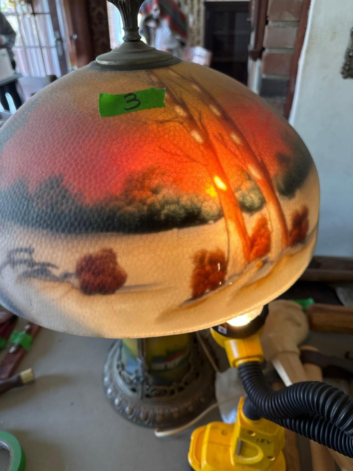 Vintage unmarked reversed painting lamp been repaired