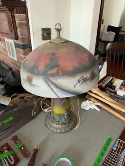 Vintage unmarked reversed painting lamp been repaired