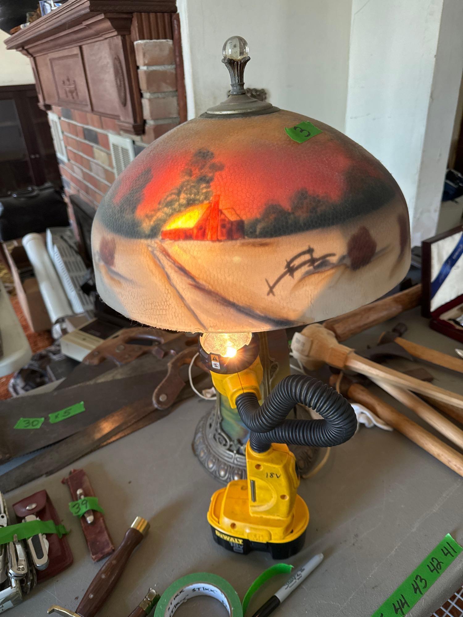 Vintage unmarked reversed painting lamp been repaired