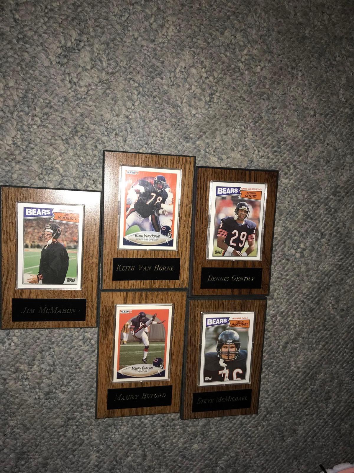 5- mounted baseball cards Chicago bears Maury Buford-Jim McMahon-Keith Van Horne-Dennis Gentry-Steve