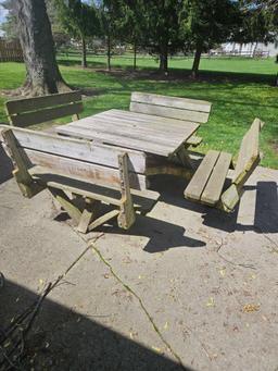 Patio picnic table with attached benches