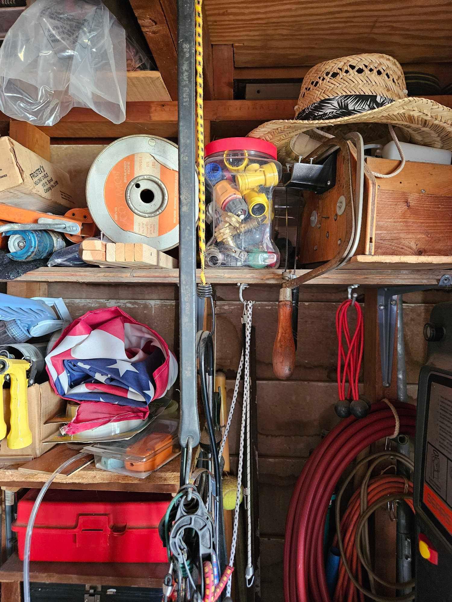 Contents of shelves on wall.