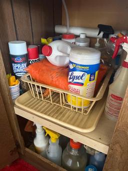 contents of kitchen cabinet under sink - cleaners, storage containers