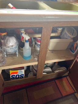 contents of kitchen cabinet under sink - cleaners, storage containers