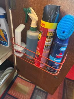 contents of kitchen cabinet under sink - cleaners, storage containers