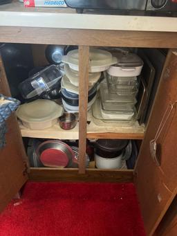 contents of kitchen cabinet - baking dishes and more