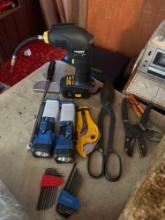Lot of assorted tools, snips, lights, and more
