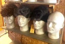 3- Mens wigs and 4 styrofoam heads