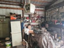 corner lot of miscellaneous tools, refrigerator and more