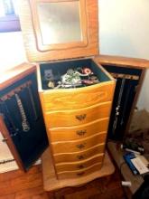 Wooden standing jewelry box with costume jewelry some sterling