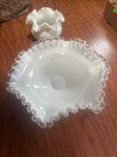 Fenton ruffled dish/milk glass vase/fenton hobnail