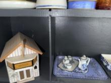 blue/white dishes/dog figurines