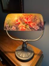 Vintage Reverse Hand Painted Handel Style Frosted Glass Banker Desk Lamp