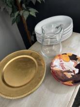 9- gold platters/pitcher/4- centrum poster art plates/9- white plates
