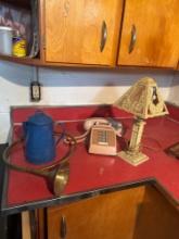 Blue Enamelware Tea pot Horn Phone and lamp Basement