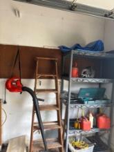 Shelf and contents Tools Gas Cans wood Ladder Blower and more Garage