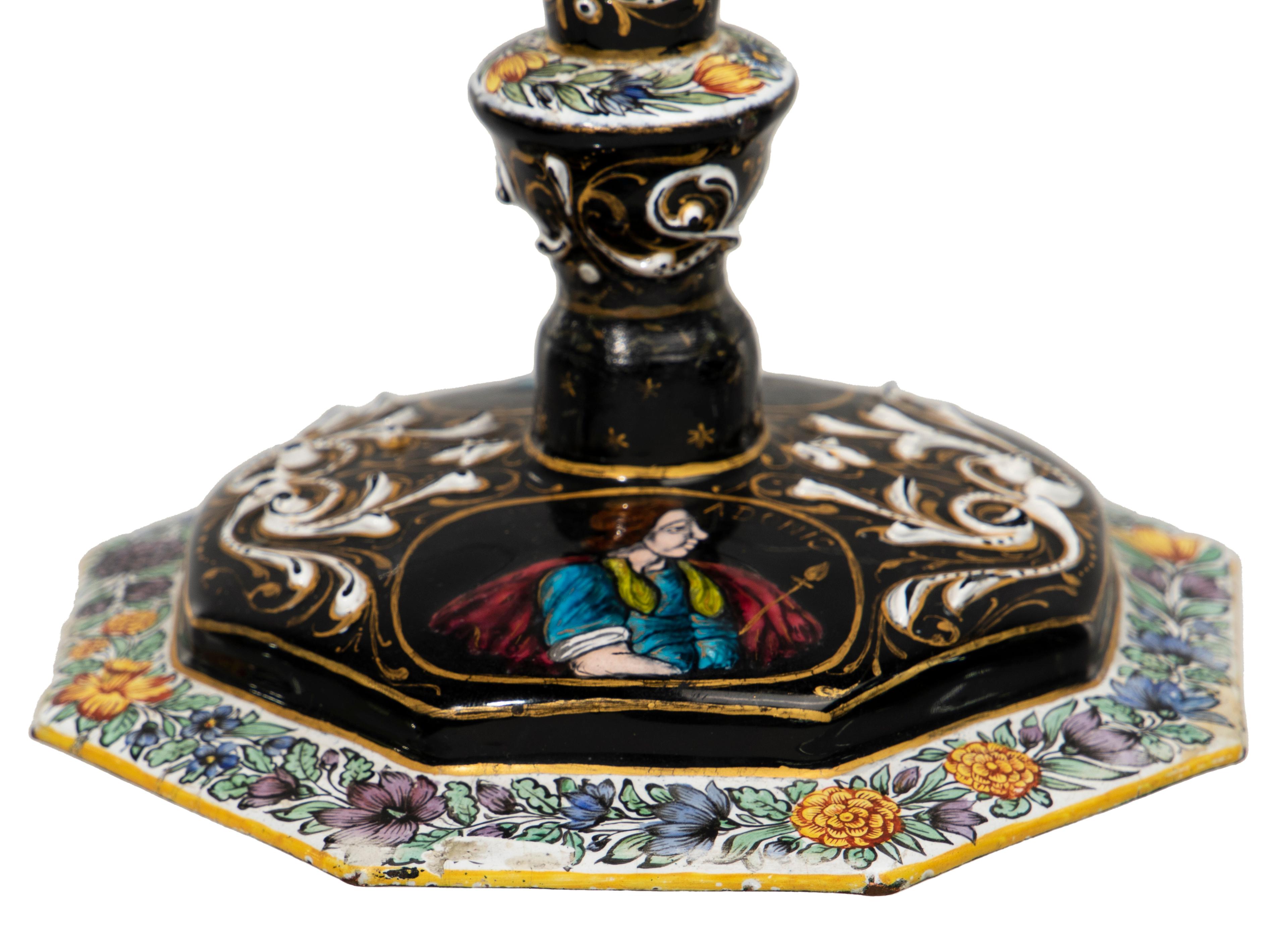 Limoges Renaissance-Style Hand Painted Enamel Candlesticks