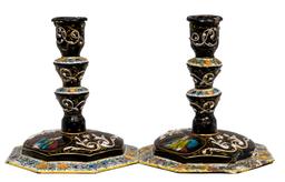 Limoges Renaissance-Style Hand Painted Enamel Candlesticks