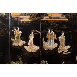 Asian Black Lacquer and Stone Folding Screen