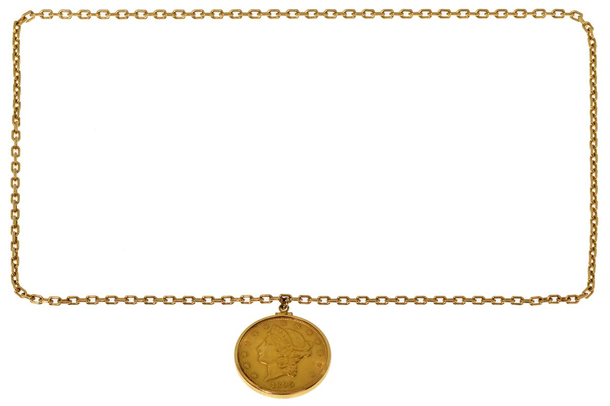 1895 $20 Double Eagle Gold Coin on 14k Yellow Gold Necklace