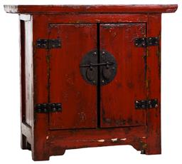 Chinese Red Lacquered Cabinet and Wall Plaque