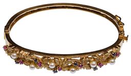 14k Yellow Gold, Pearl, Sapphire and Ruby Hinged Bangle Bracelet