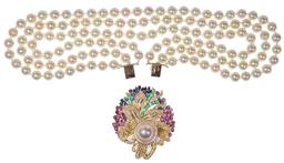 18k Yellow Gold, Pearl and Gemstone Necklace / Brooch