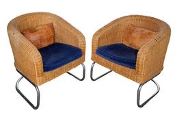 Wicker and Chrome Barrel Back Armchairs