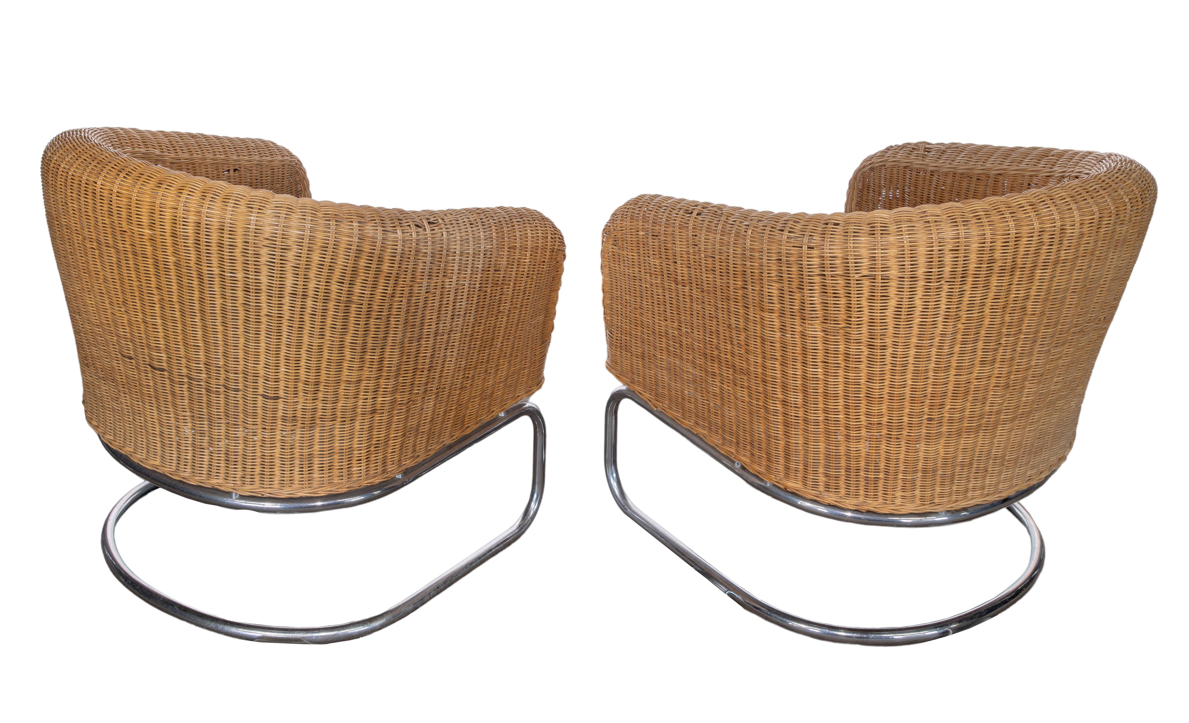 Wicker and Chrome Barrel Back Armchairs