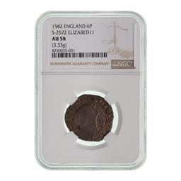 ENGLAND 1582 6P S-2572 Elizabeth I AU-58 NGC
