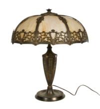 Art Nouveau Style Slag Glass Shade Table Lamp