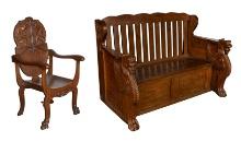 Carved Oak Bench and Chair