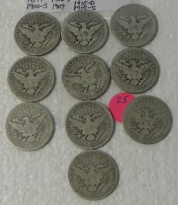 10 DIFFERENT BARBER HALF DOLLARS - 1897-1915
