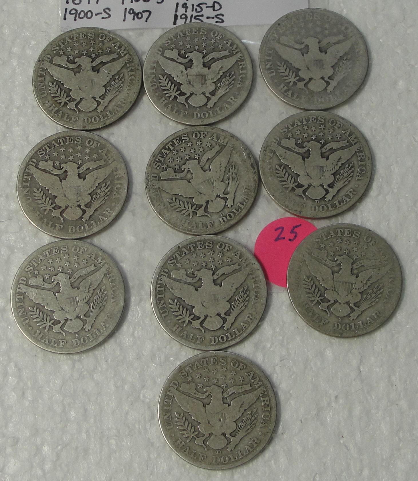 10 DIFFERENT BARBER HALF DOLLARS - 1897-1915