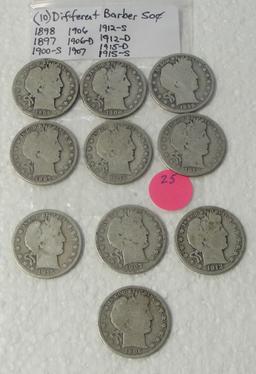 10 DIFFERENT BARBER HALF DOLLARS - 1897-1915