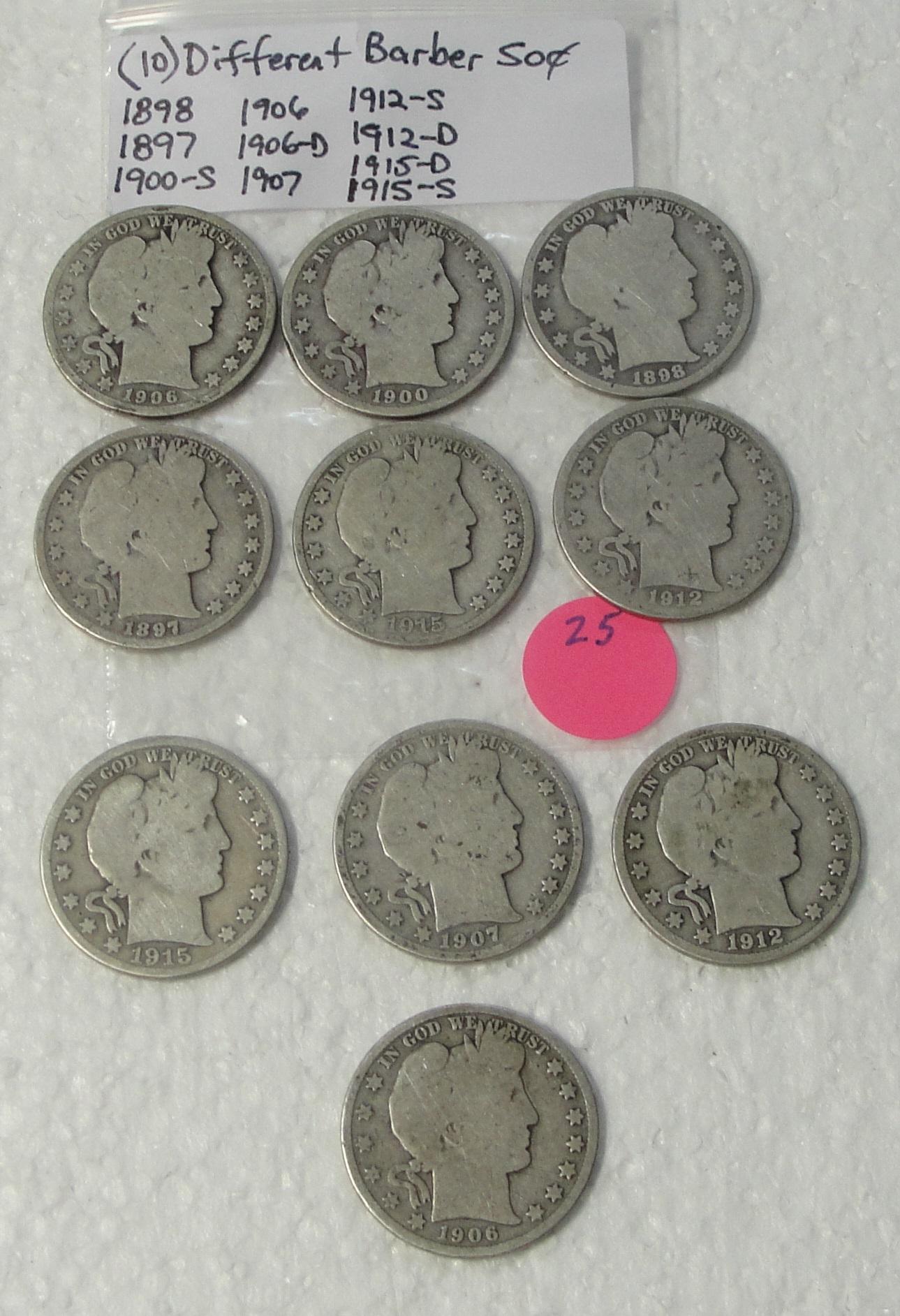 10 DIFFERENT BARBER HALF DOLLARS - 1897-1915
