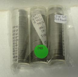 3 MOSTLY FULL ROLLS OF OLDER JEFFERSON NICKELS