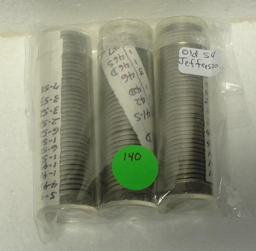 3 MOSTLY FULL ROLLS OF OLDER JEFFERSON NICKELS
