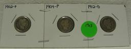 1902, 1904, 1912-D BARBER DIMES - 3 TIMES MONEY