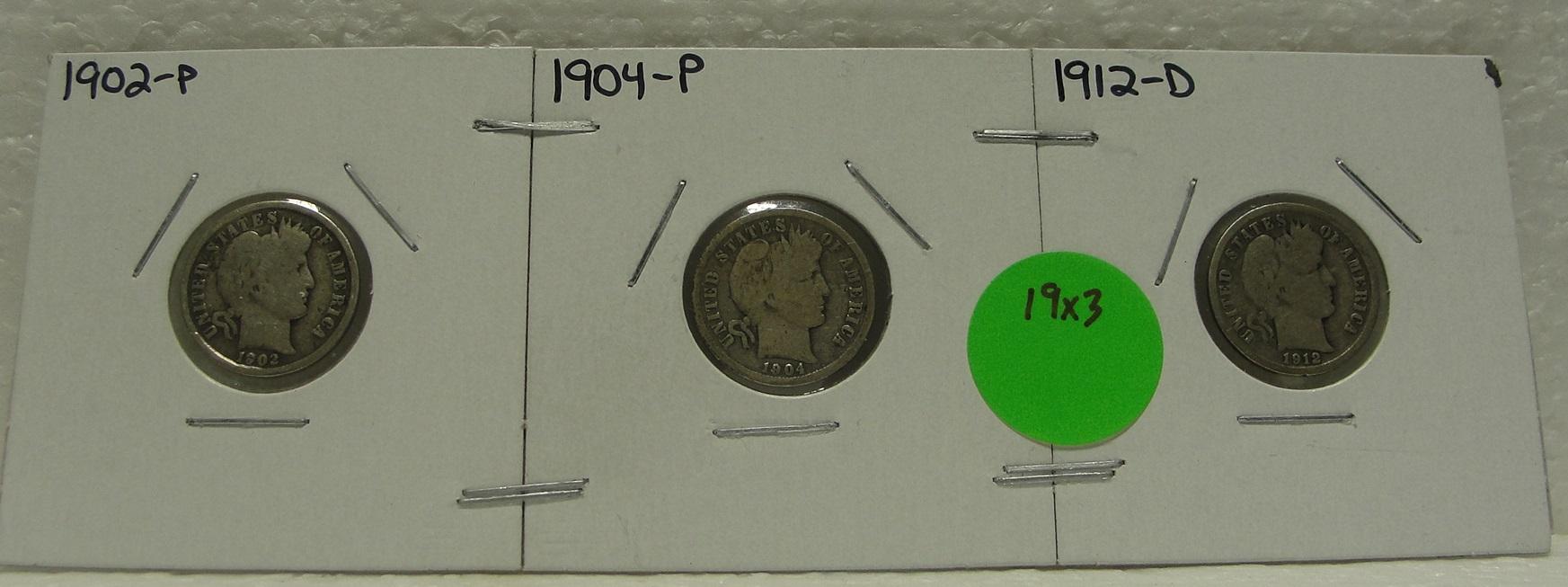 1902, 1904, 1912-D BARBER DIMES - 3 TIMES MONEY