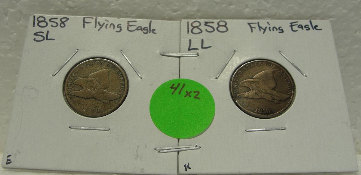 1858 SMALL LETTERS, 1858 LARGE LETTERS FLYING EAGLE CENTS - 2 TIMES MONEY