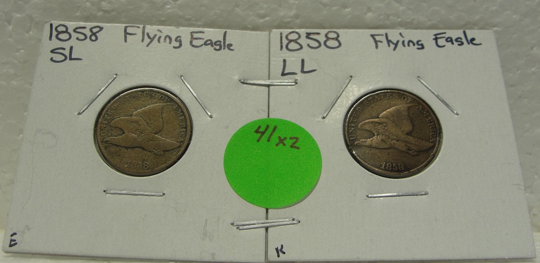 1858 SMALL LETTERS, 1858 LARGE LETTERS FLYING EAGLE CENTS - 2 TIMES MONEY