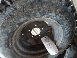 SET OF 4 LOW USE KUBOTA UTV. TAKE OFF MTD. TIRES, 350 MAG OFF ROAD 25X10”00-12NHS OTR TIRES MTD. ON