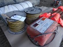 ELECT. FENCER W/ 3 SPOOLS OF ELECTRIC WIRE ROPE/RIBBON & PIN FLAGS