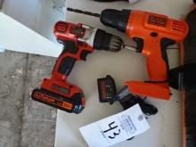 (2) B&D 20V LITHIUM DRILLS, 1 BATTERY W/ CHARGER, WORKS
