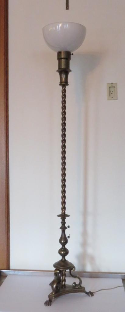 Ornate heavy brass floor lamp with twisted base and claw feet