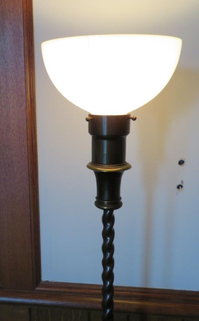 Ornate heavy brass floor lamp with twisted base and claw feet