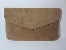 Two designer Suede purses and a pair of leather gloves